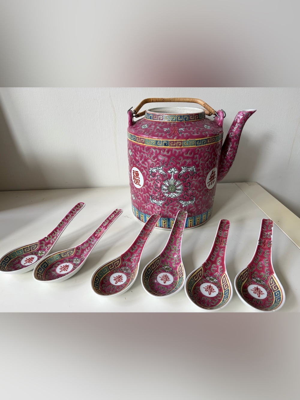 Chinese Famille Rose Enameled Porcelain Mun Shou Longevity Teapot & 6 Spoons